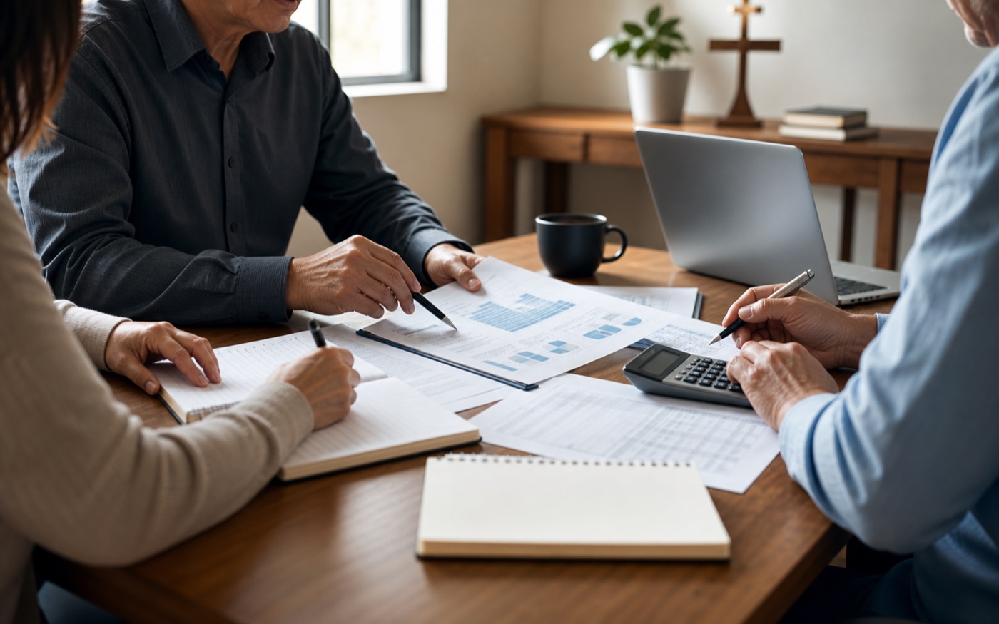 Tesouraria de igreja analisando relatórios financeiros em reunião